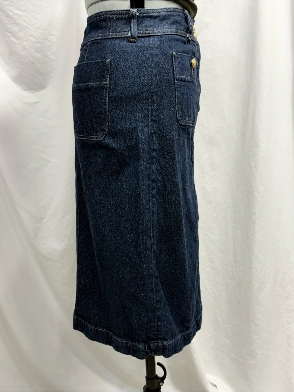 Dark Blue Denim Midi Skirt with Front Pockets